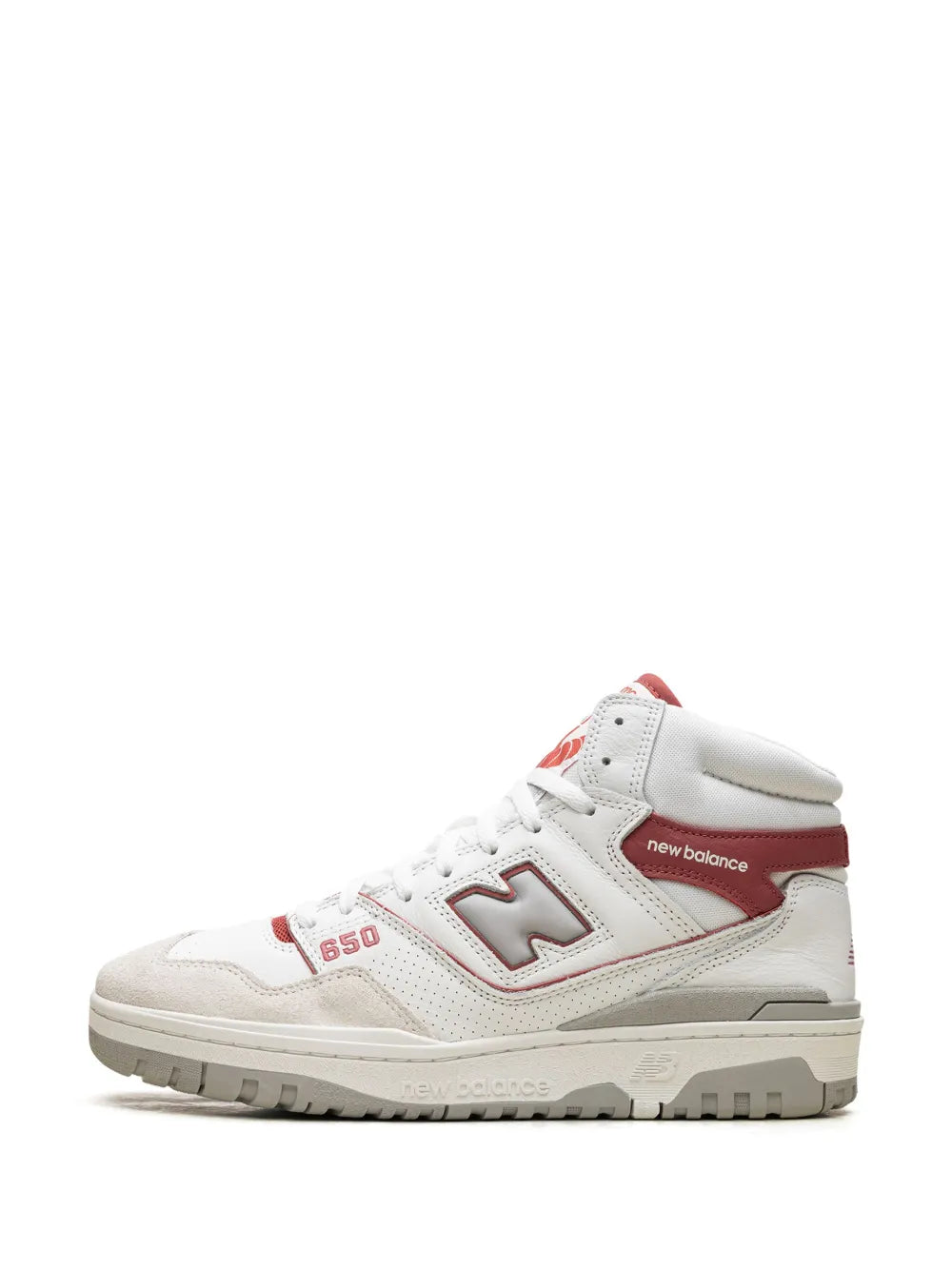 White high-top New Balance 650 sneakers with burgundy laces panel and N logo