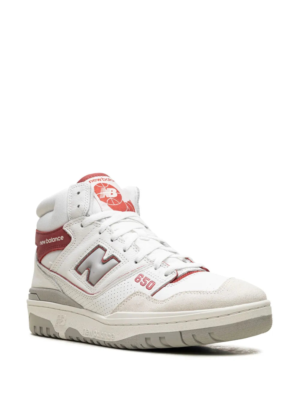 White high-top New Balance 650 sneaker side view with burgundy collar and N logo