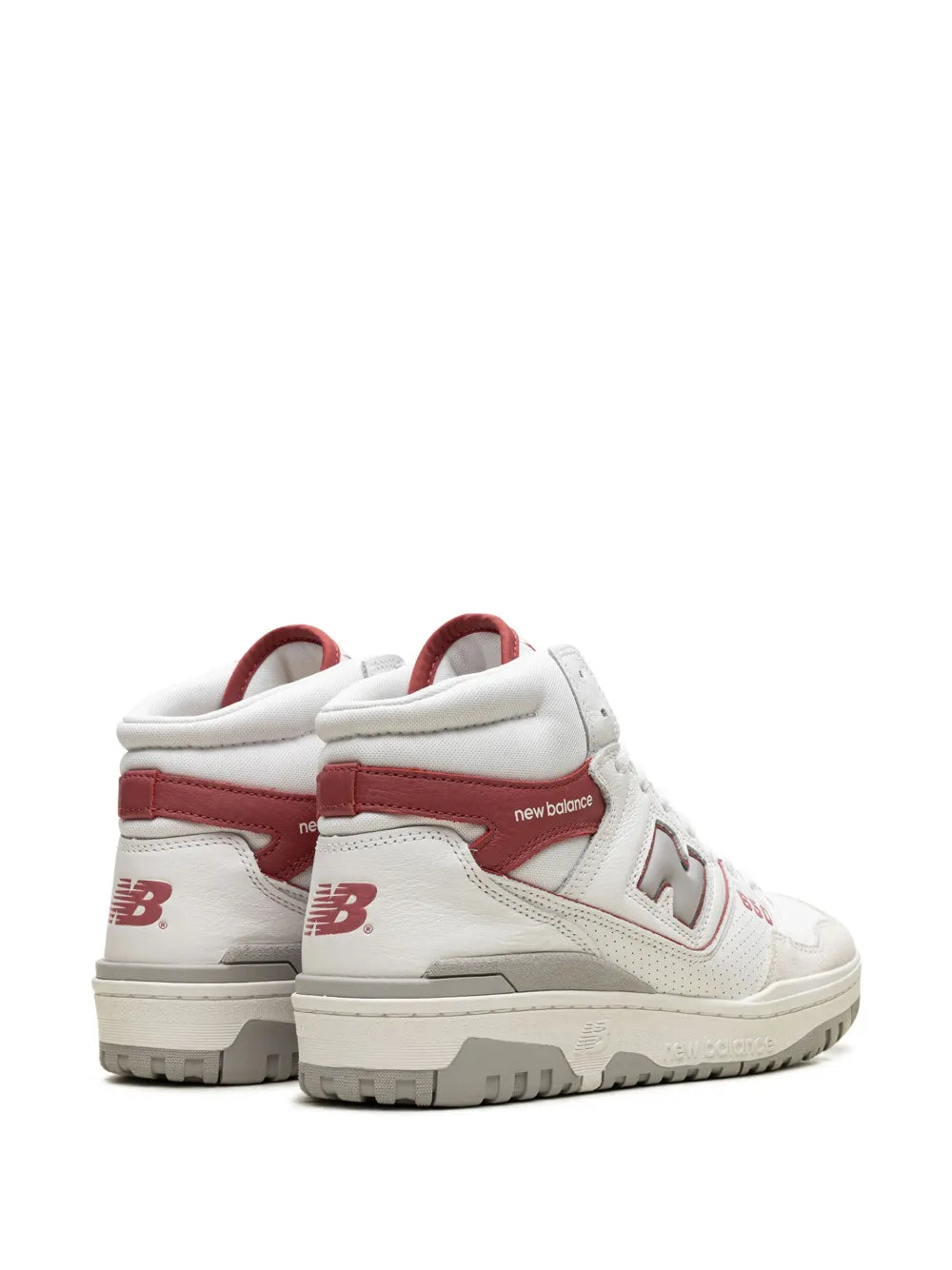 White high-top New Balance 650 sneakers with burgundy heel tab and back logo detail