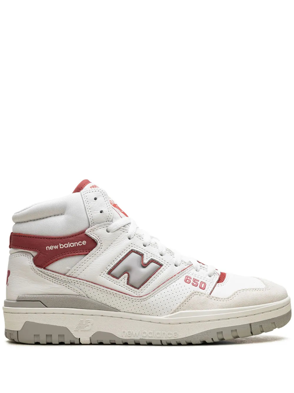 White high-top New Balance 650 sneakers, burgundy trim, lace-up, N logo