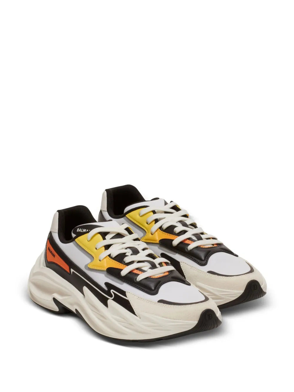 White, black, and orange lace-up trainers with thick sculpted sole and side logo