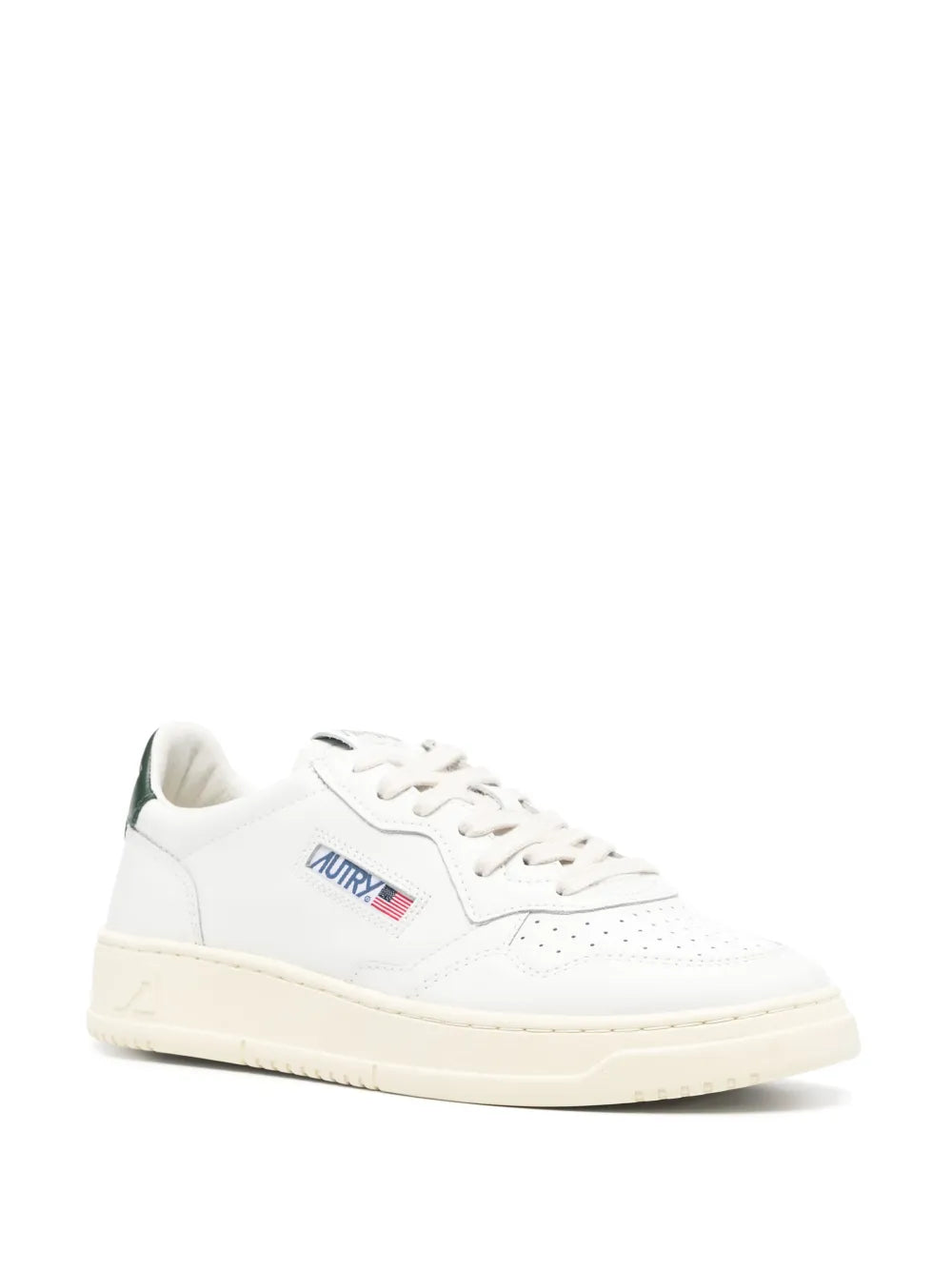 White leather lace-up sneaker with green interior collar and beige midsole