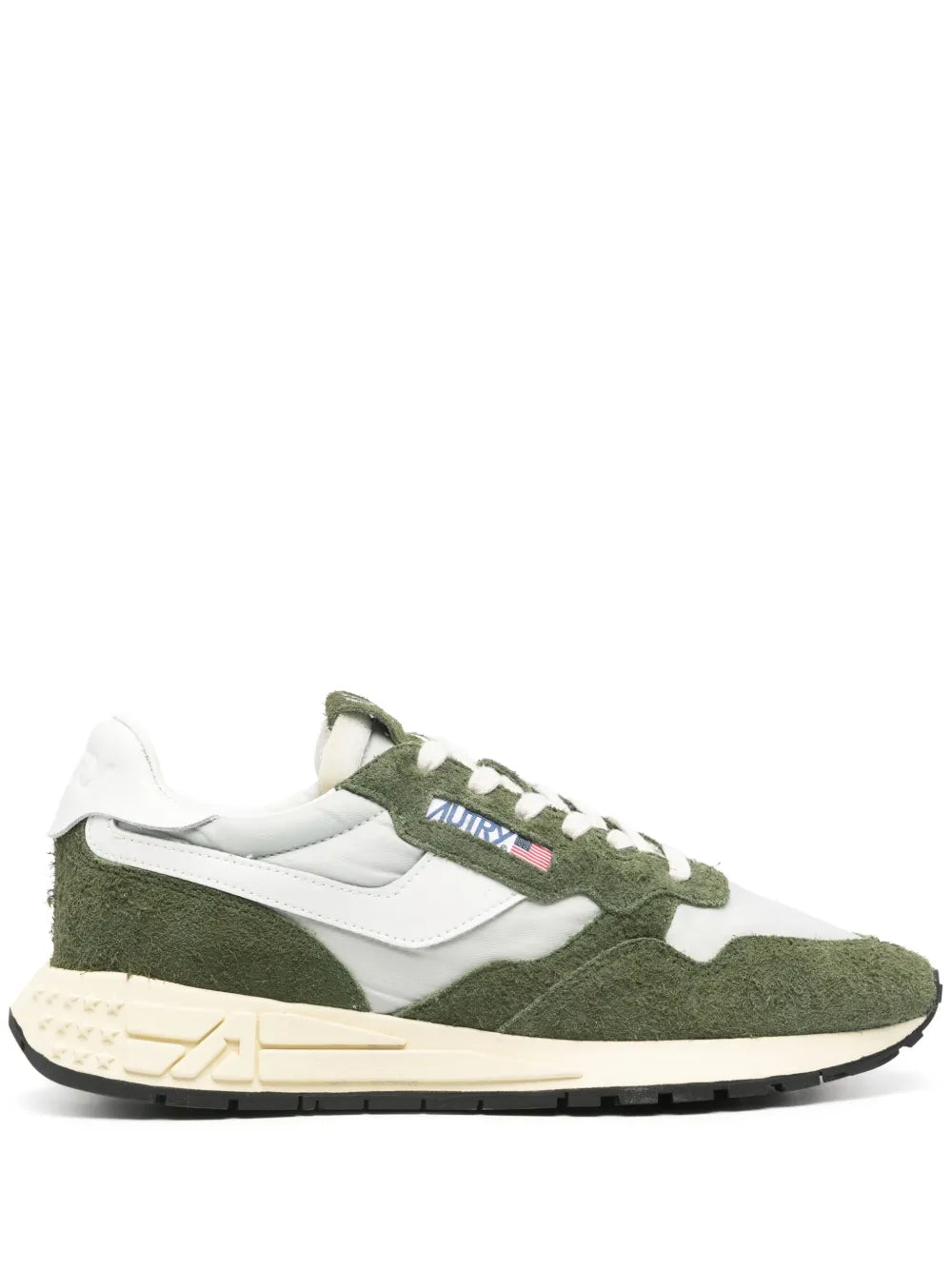 Autry low-top sneakers in moss green with light gray overlays, white laces