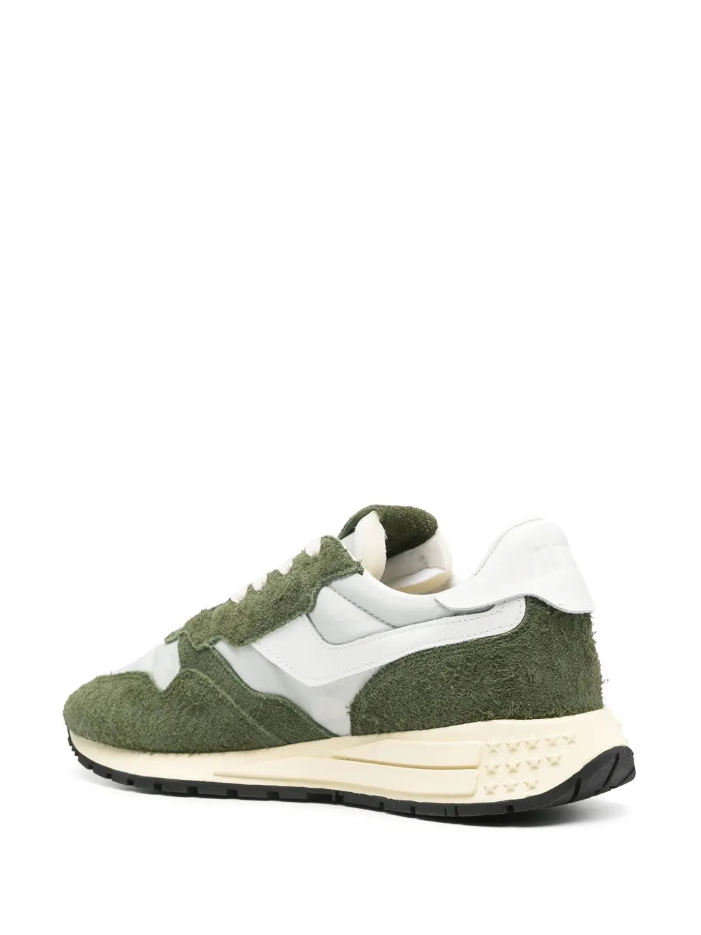 Autry low-top sneakers, moss green suede with white panels and cream rubber sole