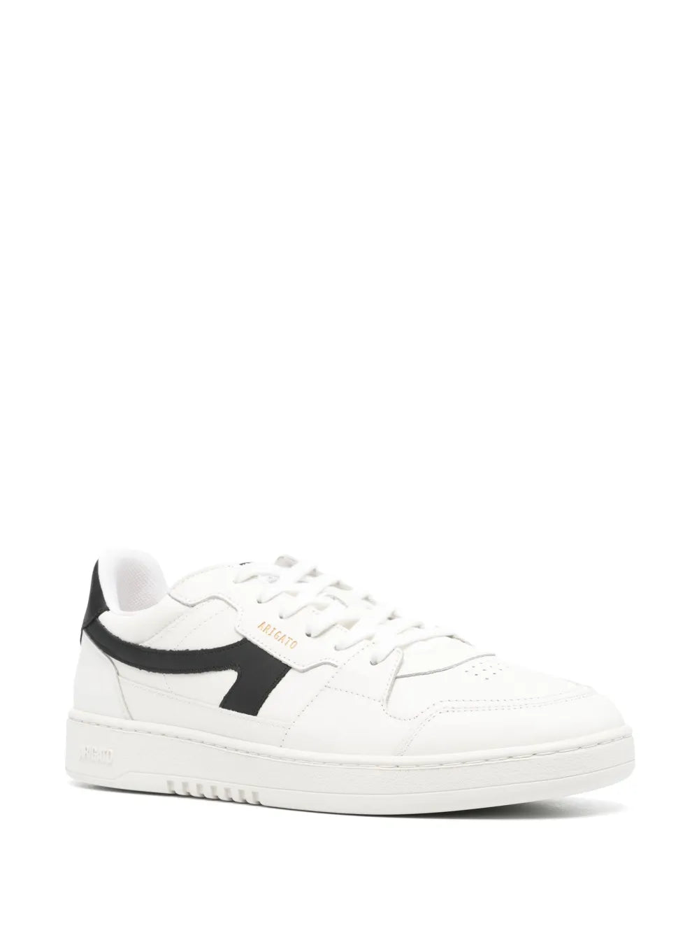 White leather-look low-top sneakers with black panel trim and lace-up closure