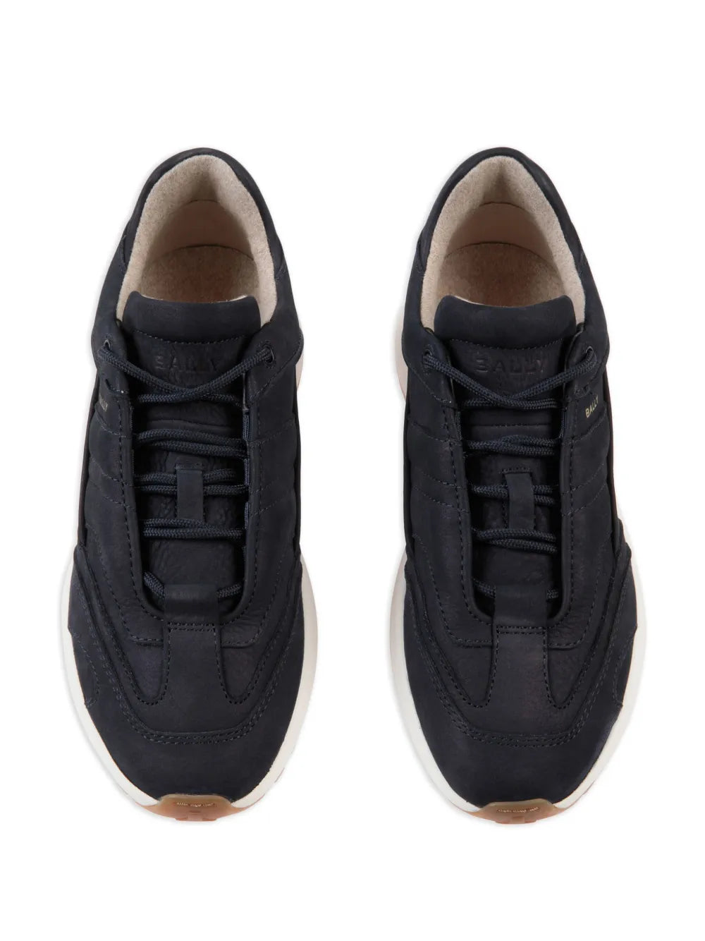 Bally sneakers front view with dark navy laces and white outsole