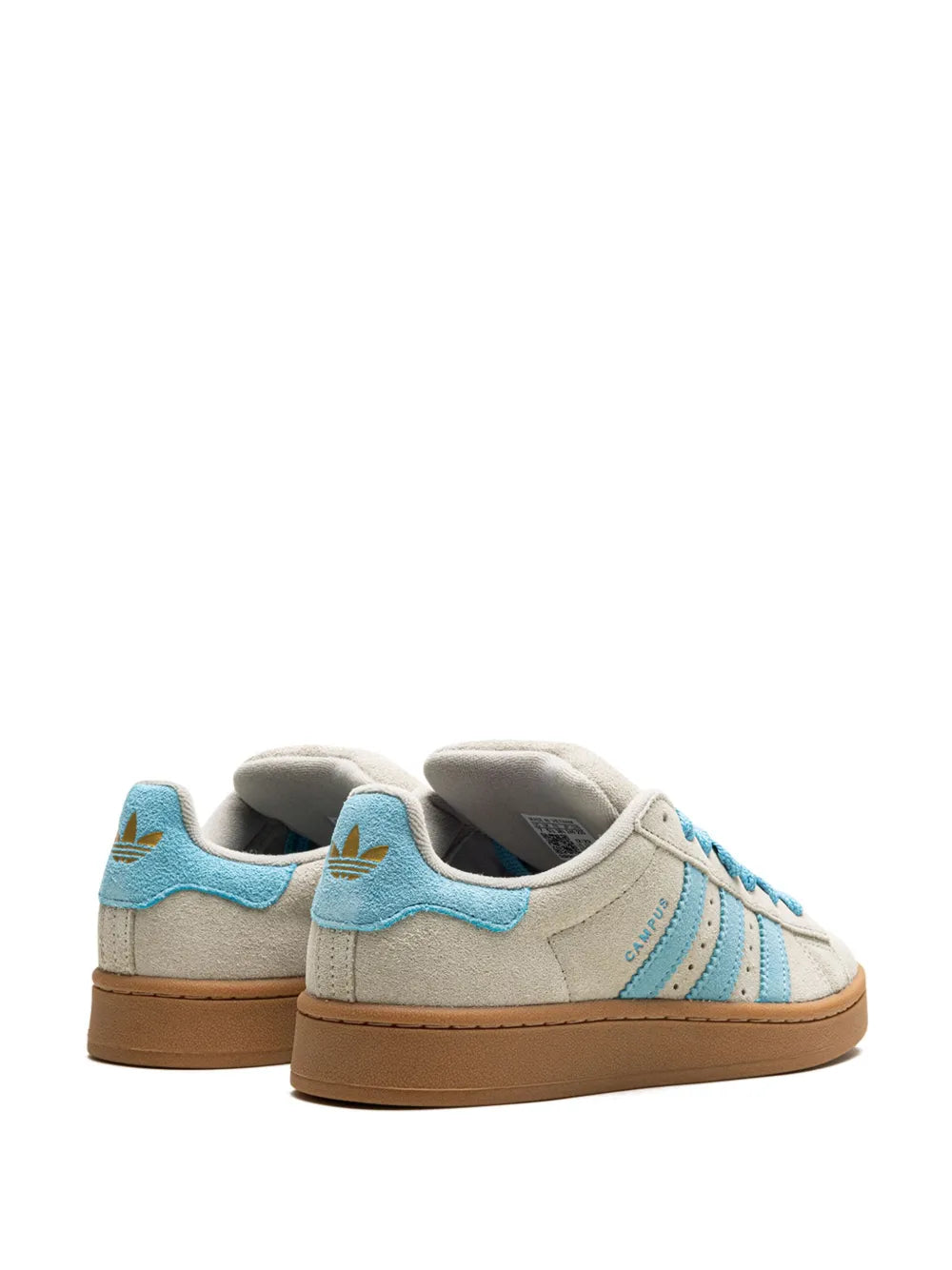 adidas Campus 00S sneakers, grey suede with blue heel accents, padded collar, gum sole