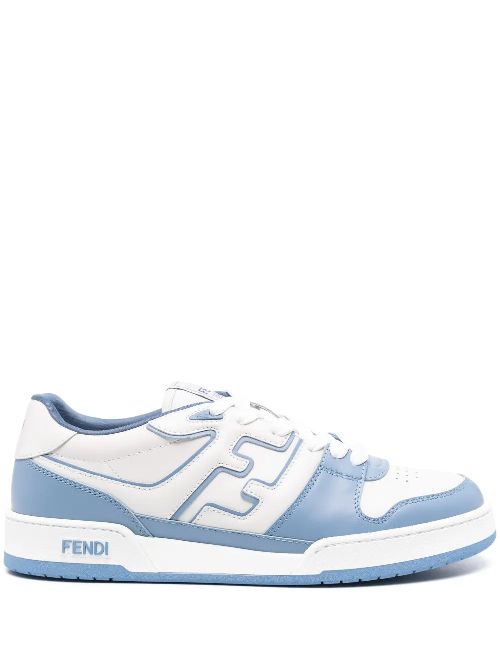 Fendi blue and white colorblock sneakers, lace-up with FENDI logo on side.