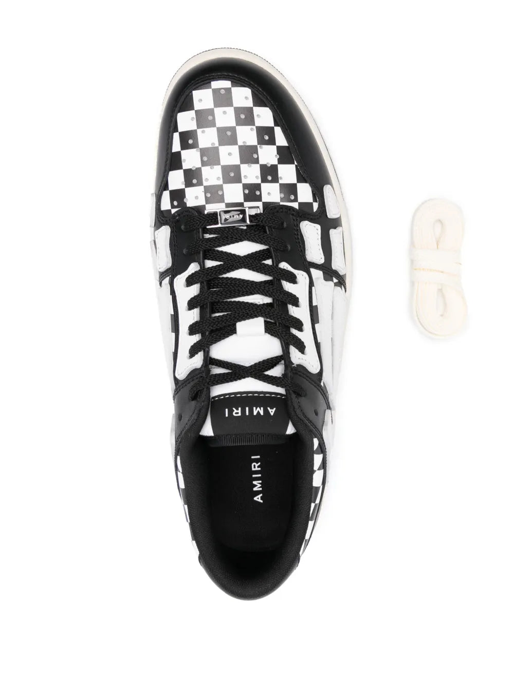 Black low-top sneaker top view with checkered upper and lace-up closure