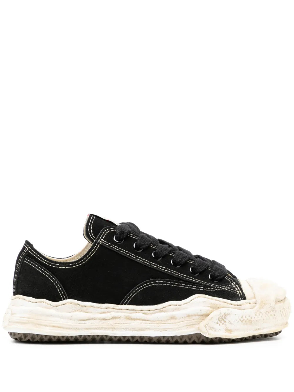 Black low-top lace-up sneakers with off-white chunky sole