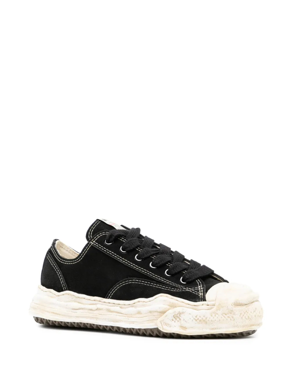 Black low-top lace-up sneakers with contrast stitching and off-white sole