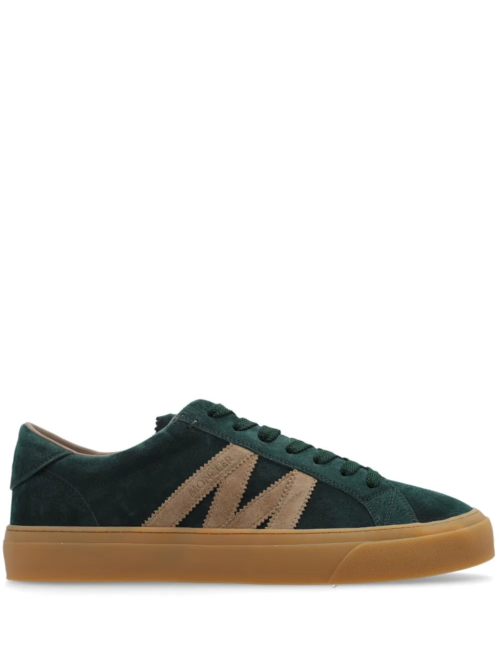 Moncler Monaco M sneakers, emerald green suede with tan logo stripes and gum sole