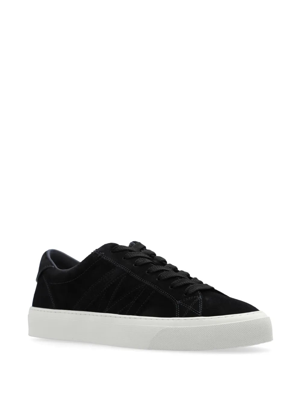 Black low-top sneakers with lace-up front and white sole