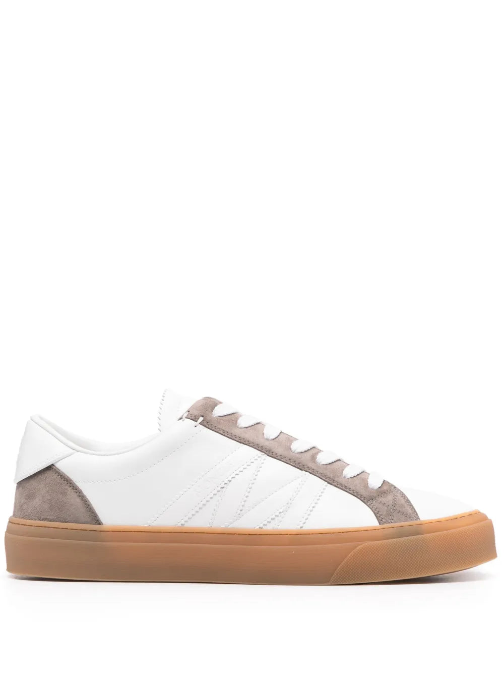 White leather low-top sneakers with brown panels, lace-up, gum rubber sole