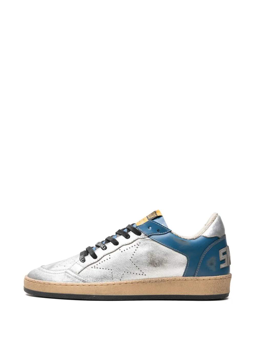 Golden Goose Ball Star sneakers side view, silver-white and blue panels, lace-up, beige sole