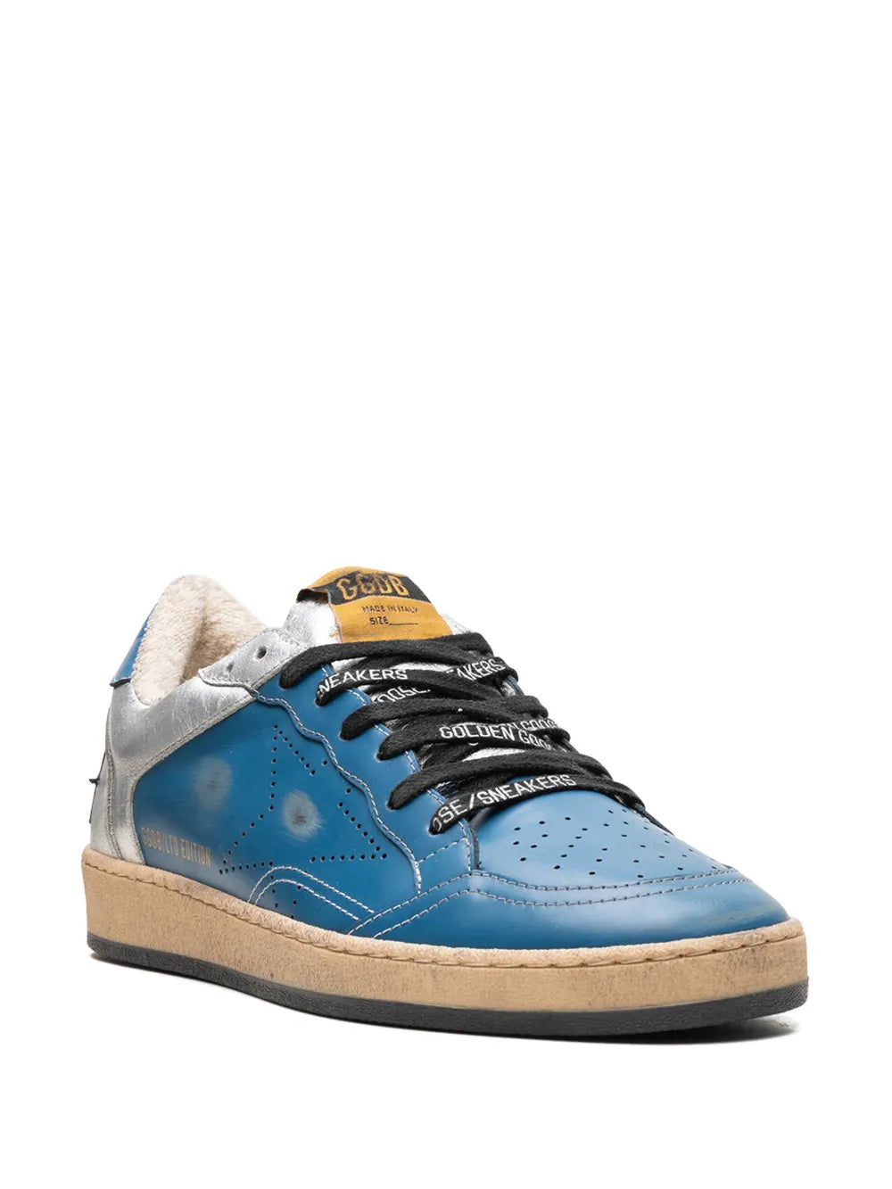 Golden Goose Ball Star sneakers with blue uppers, ivory panels, black laces, beige sole