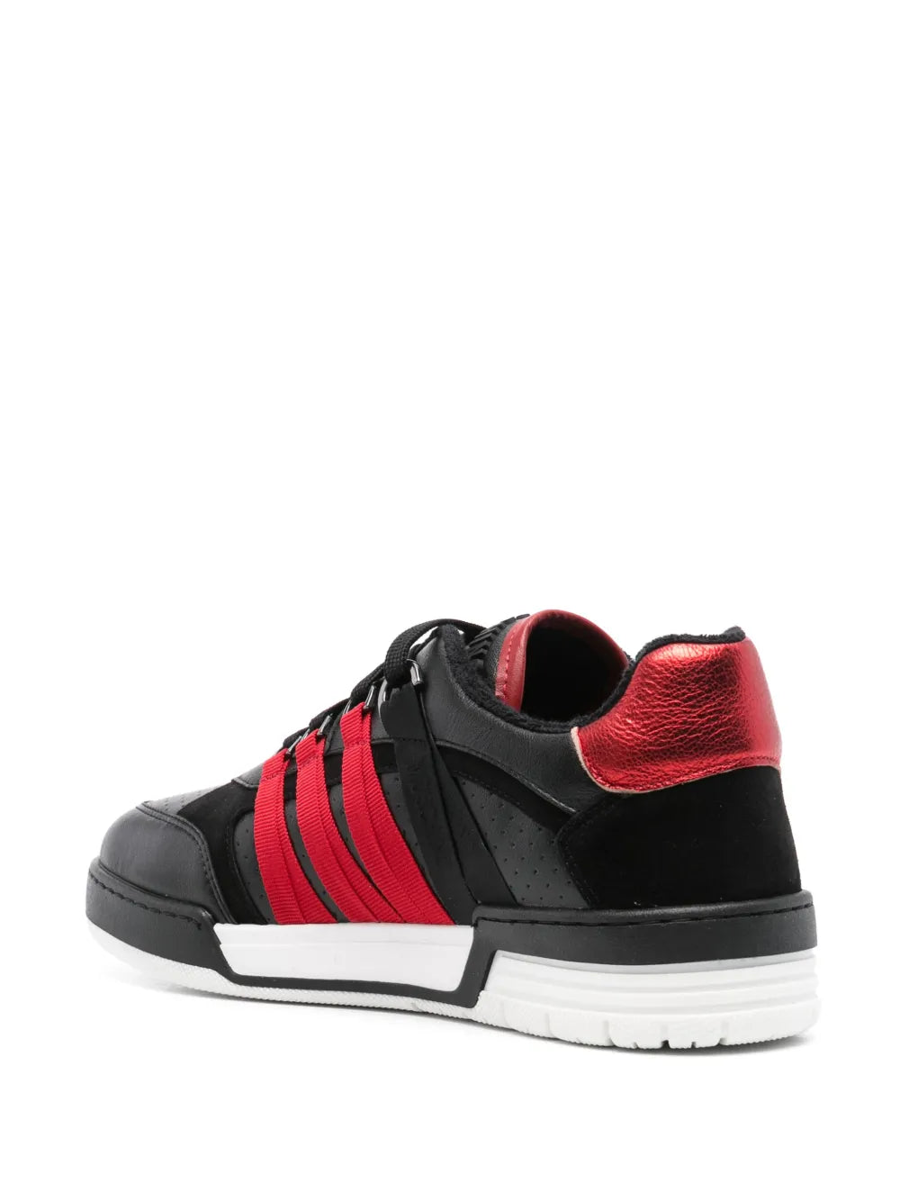 Moschino leather sneakers, black uppers with red stripe detail and red heel panel