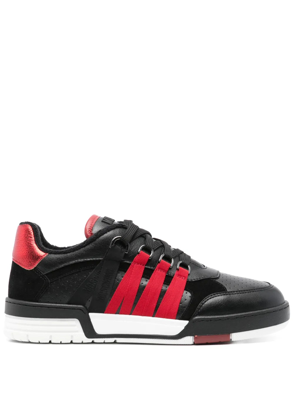 Moschino panelled leather sneakers, black with red stripe accents, black laces