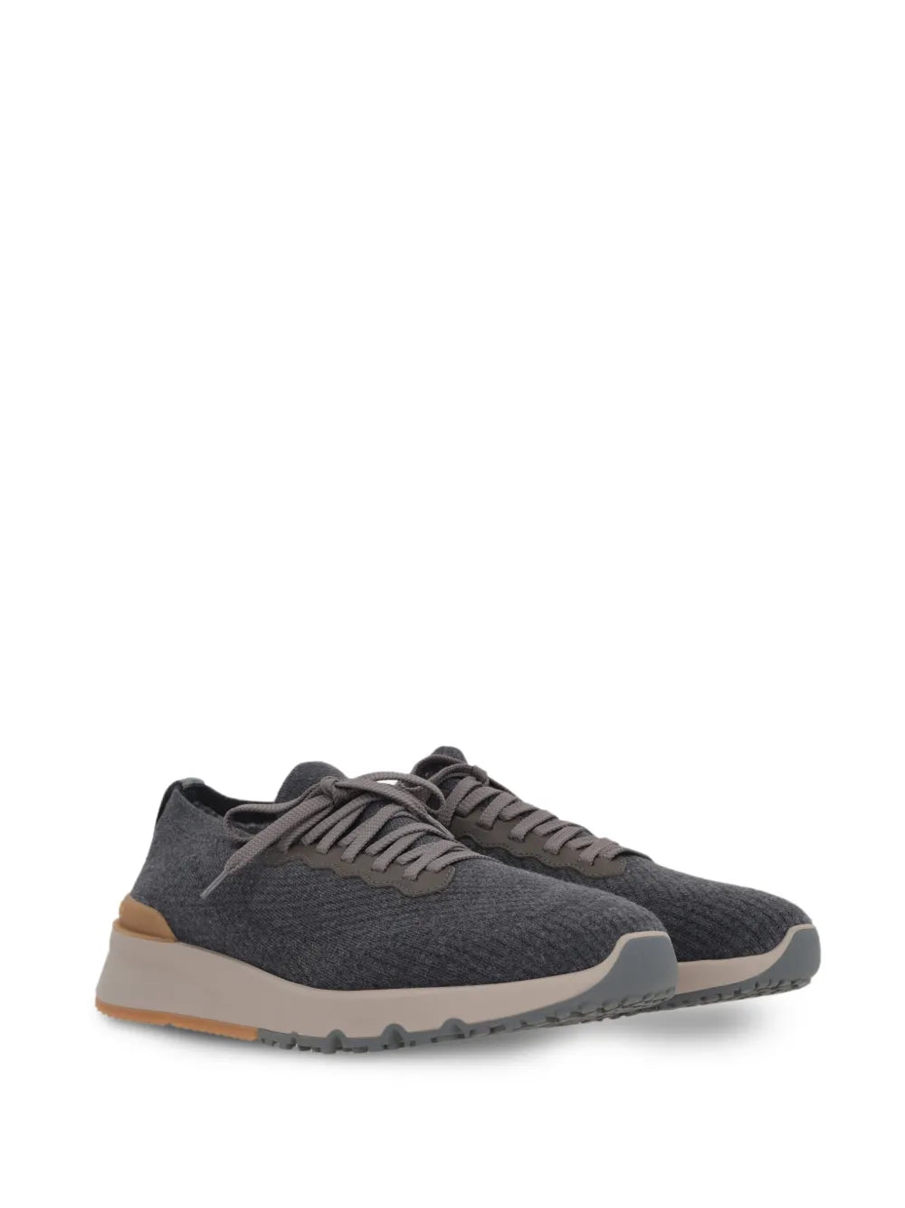 Dark grey knitted sneaker, side view, lace-up with cushioned rubber sole