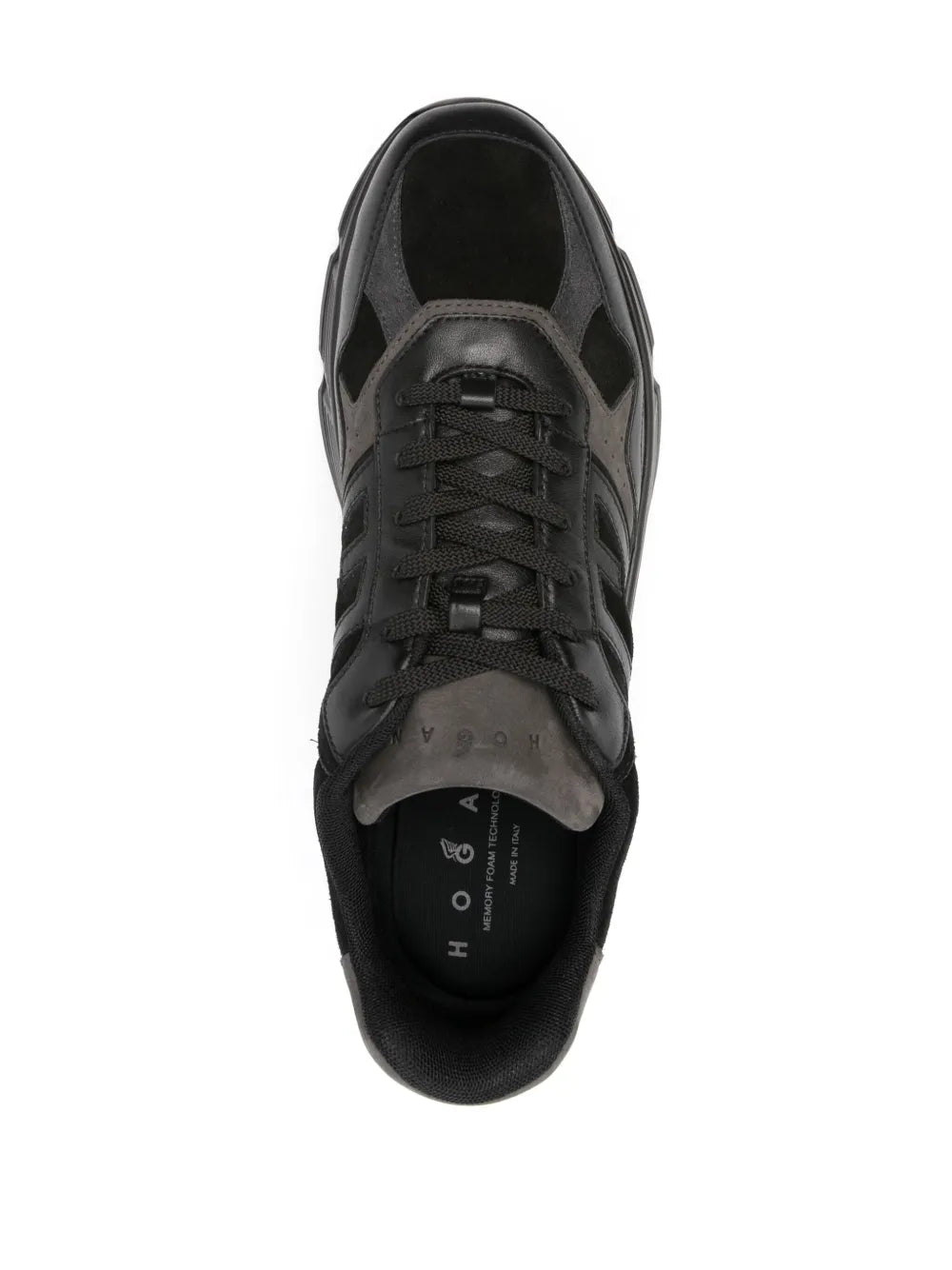 Black lace-up sneaker with tongue logo patch and padded collar opening