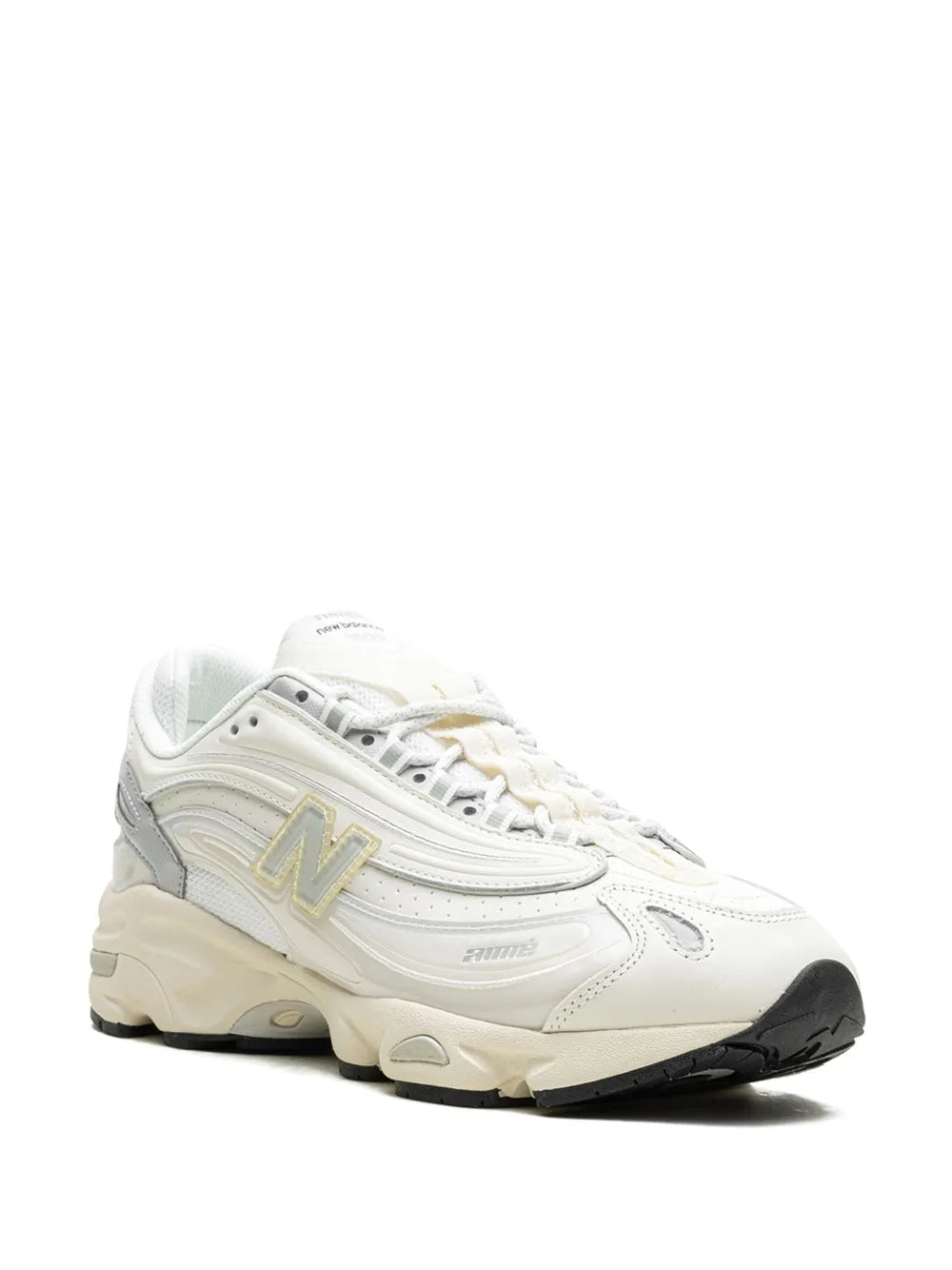 White New Balance X Aim Leon Dore 1000 sneakers, 3/4 angle with lace-up and N