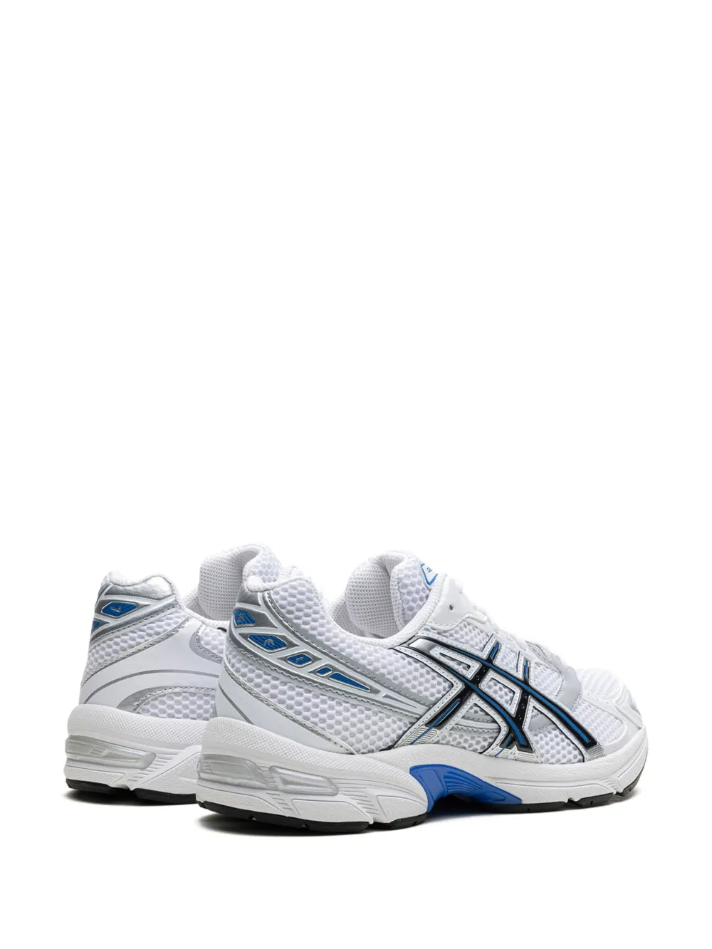 White and blue sneakers rear three-quarter view with Asics heel branding
