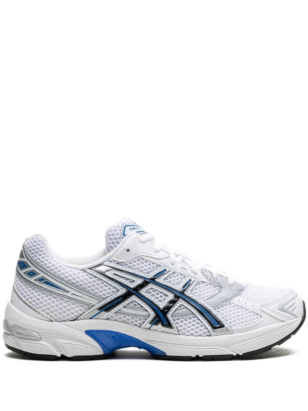 White and blue lace-up sneakers with mesh upper and Asics side stripes