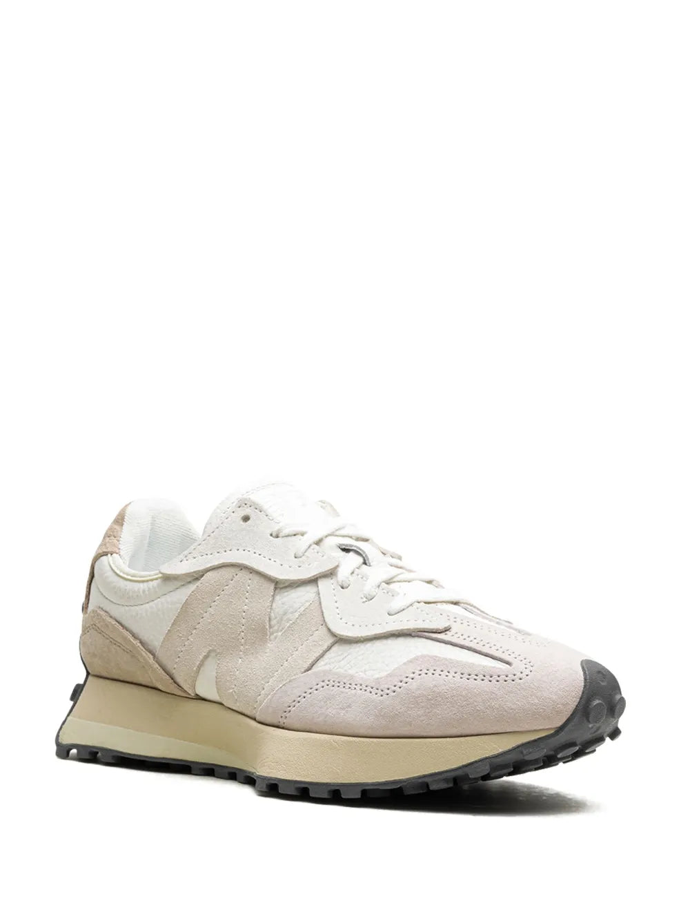 Light grey and white lace-up sneakers with beige side panels and cream midsole