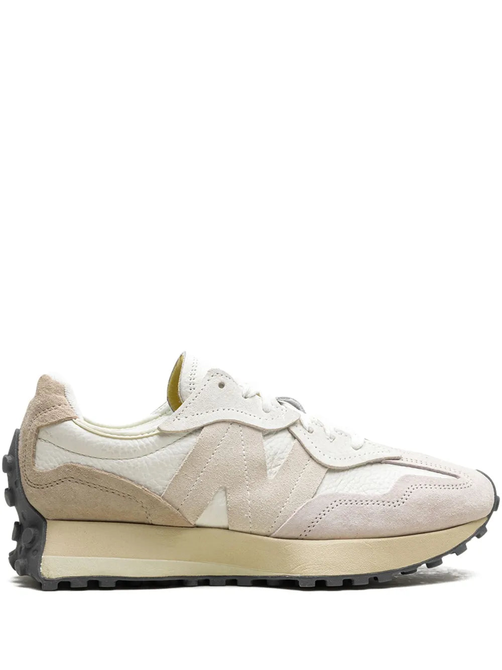 New Balance 327 low-top sneakers in light grey, white, and beige with lace-up