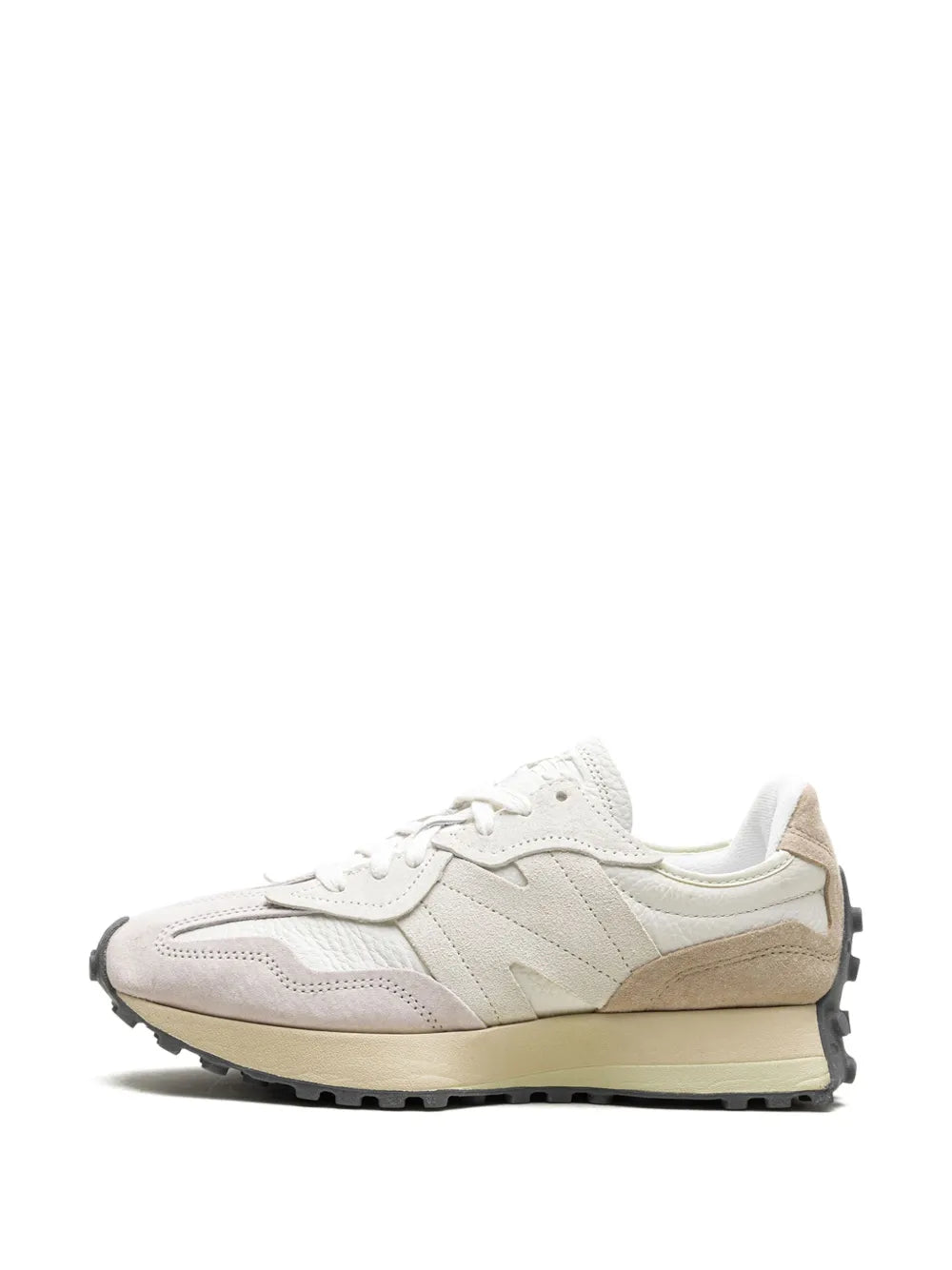 White and grey lace-up sneakers with beige side panel and black outsole trim