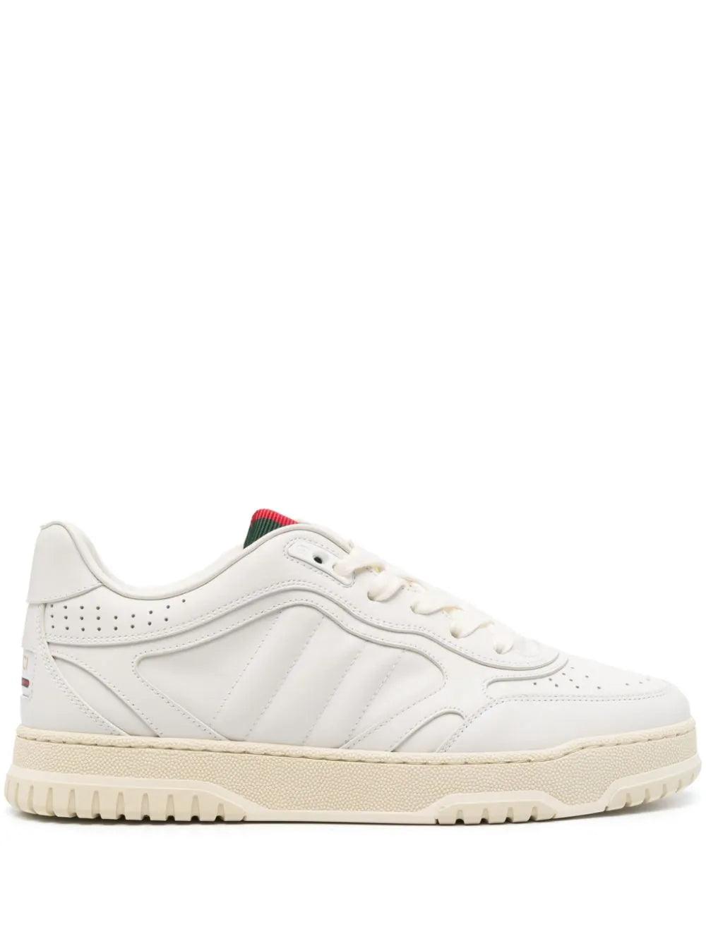 Gucci Re-Web leather sneakers, white lace-up with multicolor web detail and cream sole