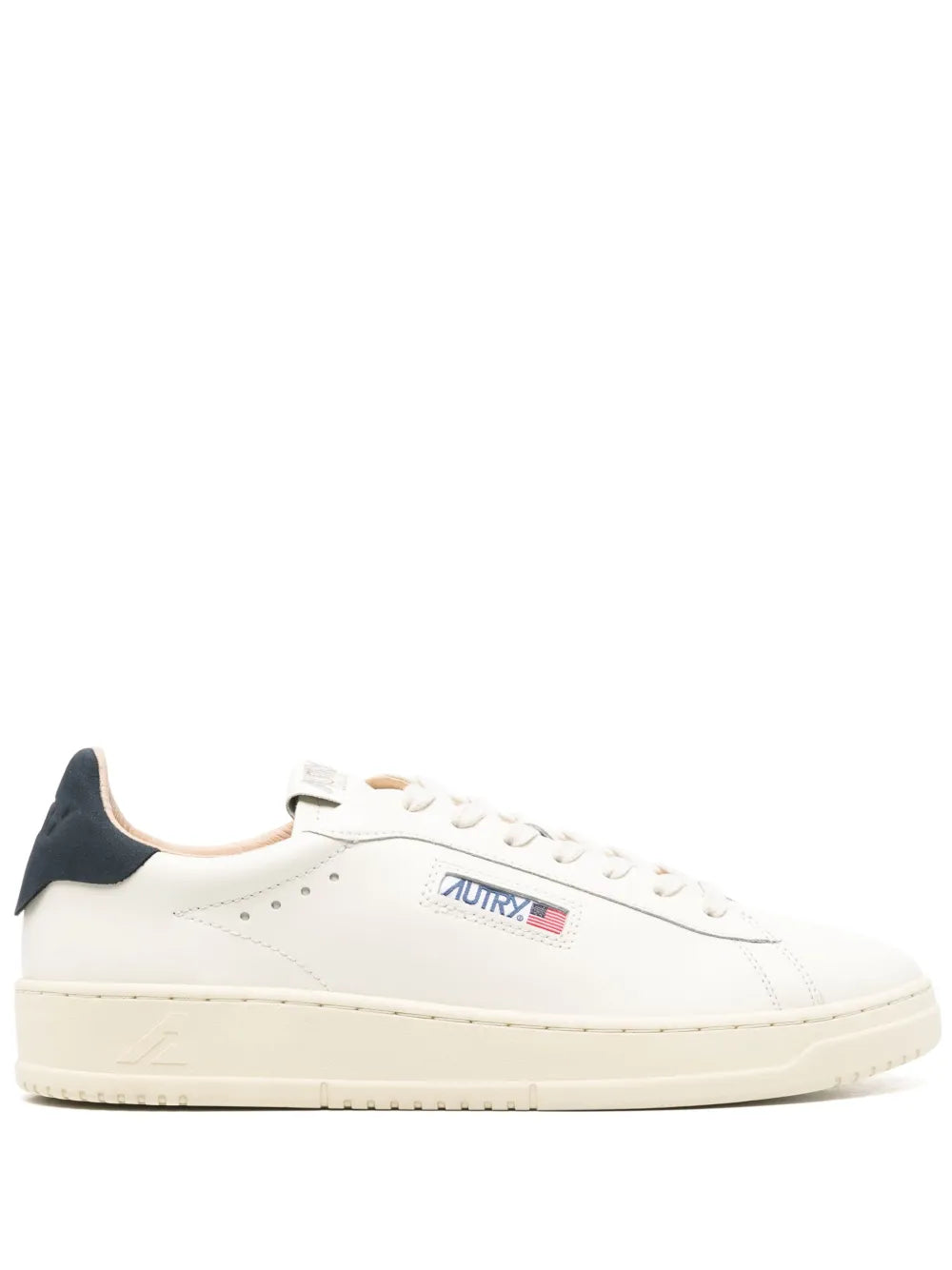 Autry leather low-top sneaker, white, side view with logo patch and dark heel tab