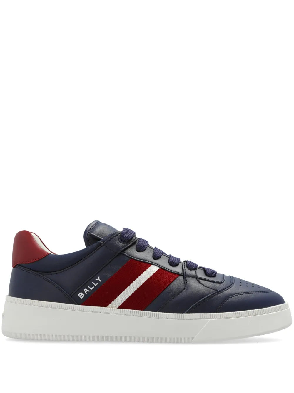 Navy leather lace-up sneakers with red-and-white stripe detail and white rubber sole