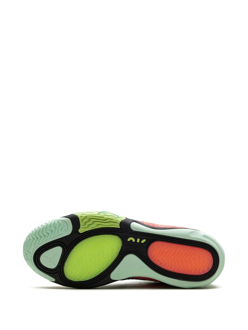 Lime green outsole tread with orange-red window, underside view
