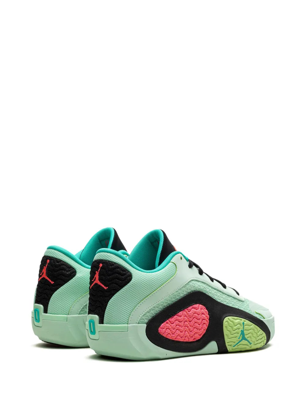Mint and black low-top sneaker with heel collar, pink oval detail and lace-up