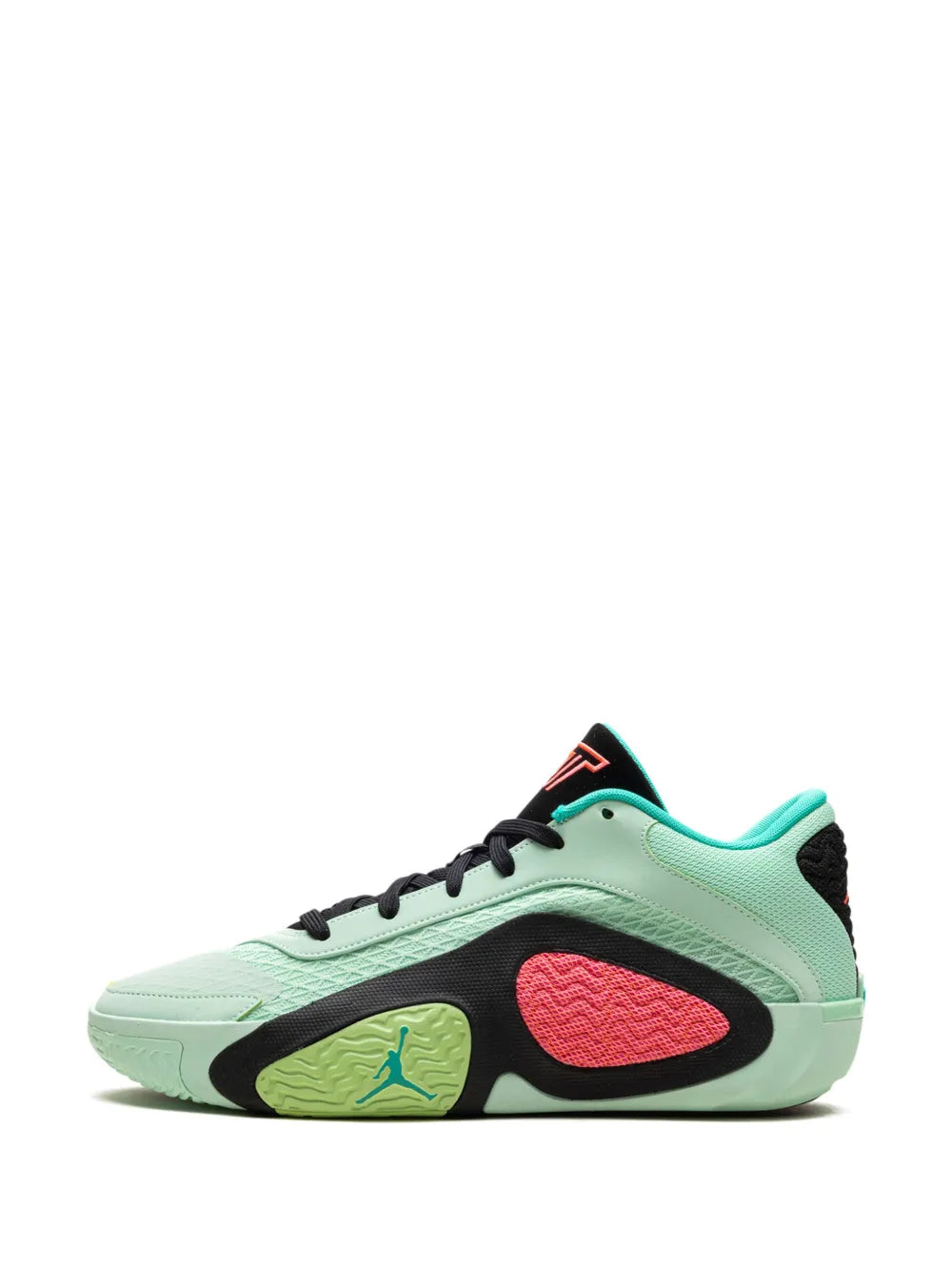 Mint and black low-top sneaker with pink side oval patch and lace-up