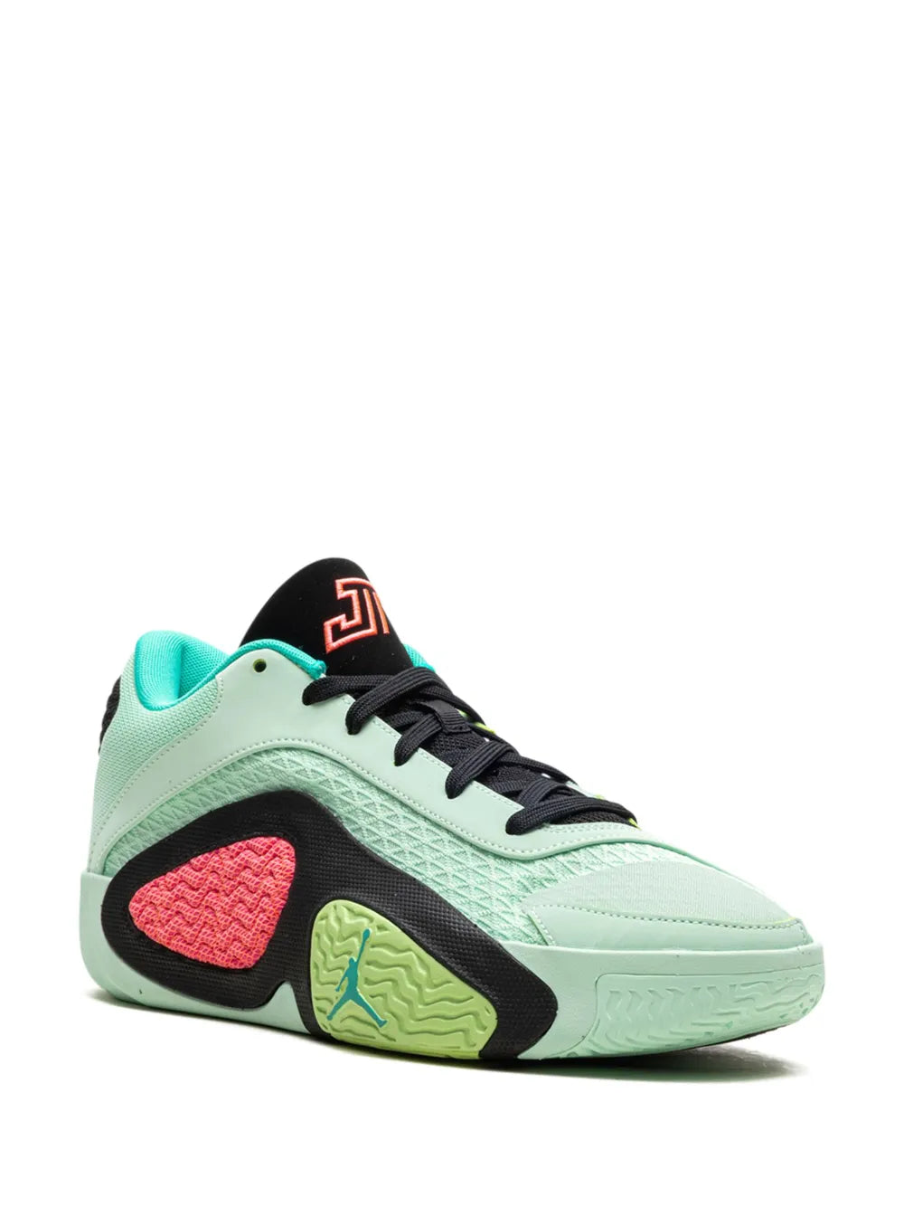 Mint and black low-top sneaker with side panel, green outsole and lace-up