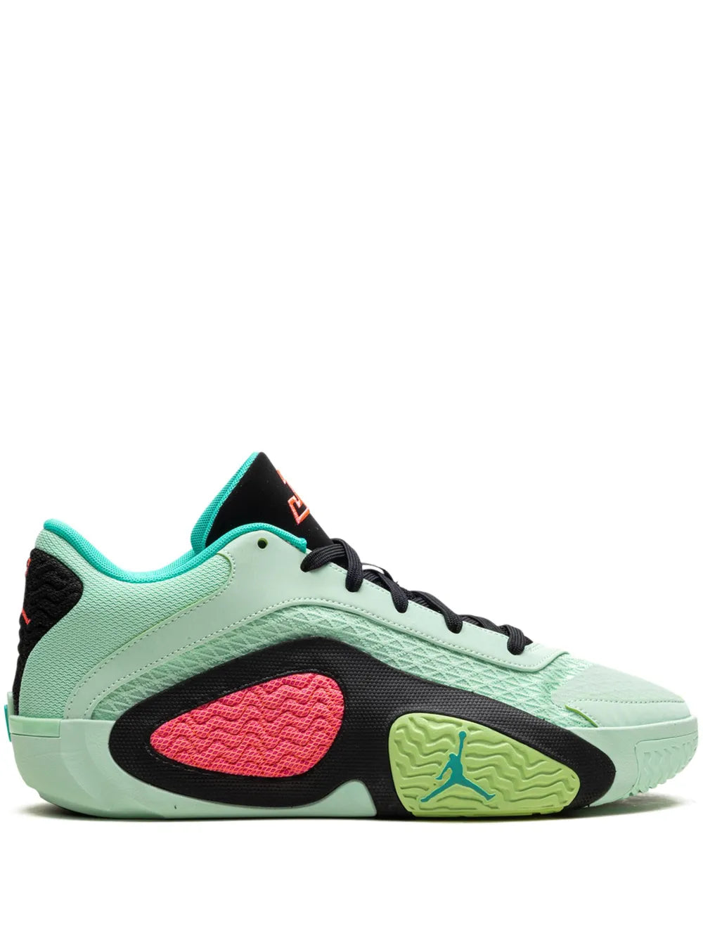 Air Jordan Tatum 2 Vortex mint, black and pink basketball sneakers with lace-up front