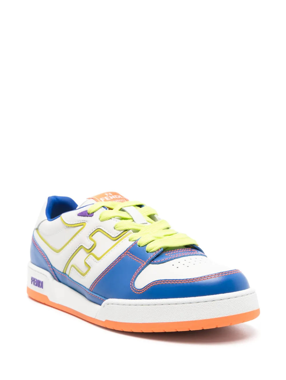 Fendi Match sneakers, lace-up white leather with blue sides and neon green lace accents