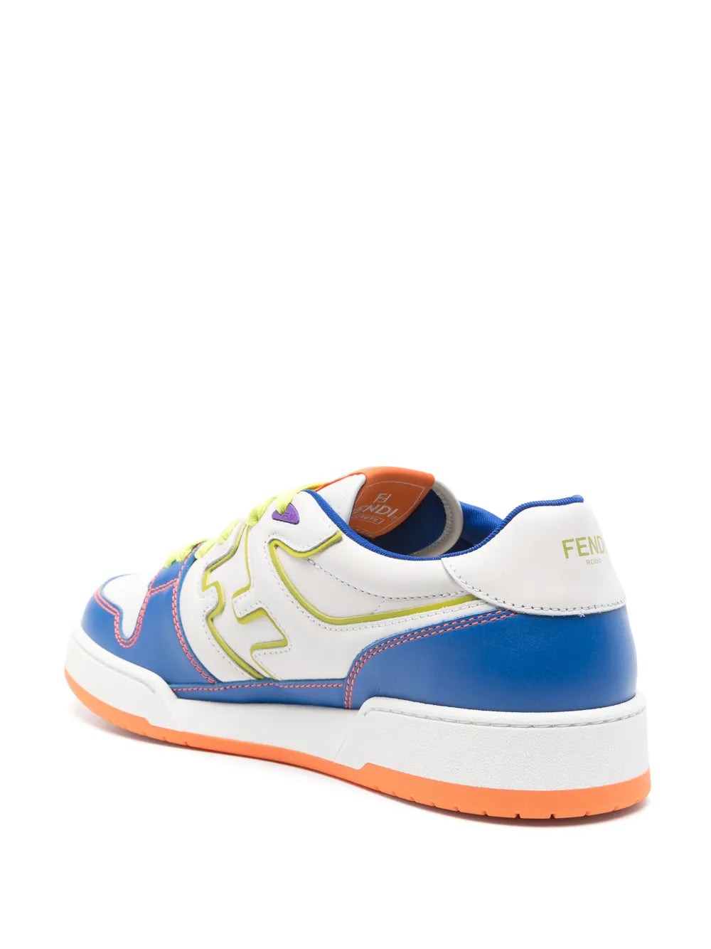 Fendi Match sneakers back view in white and royal blue with neon green details and orange sole