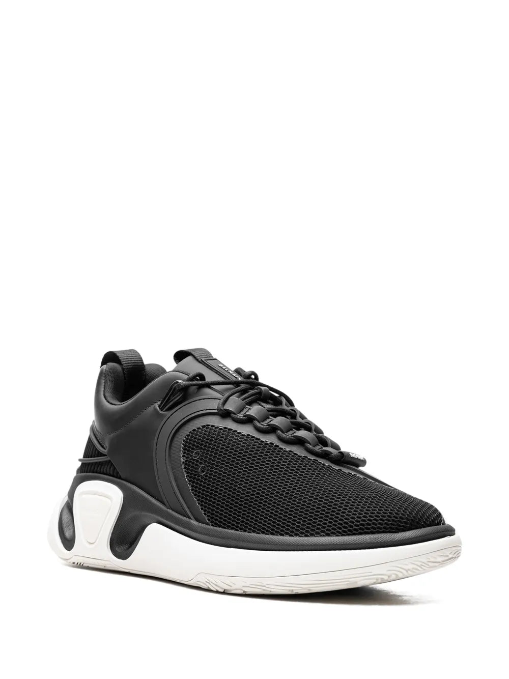 Black chunky lace-up sneakers with textured mesh upper and white contrast midsole