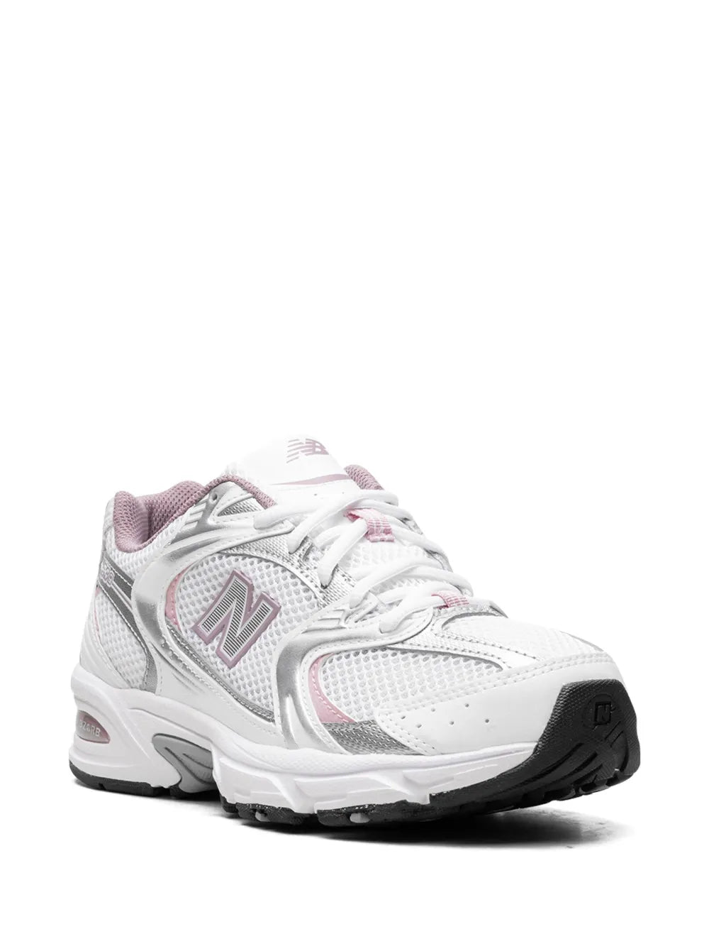 New Balance 530 sneakers in white with silver trim, pink lace accents and black sole