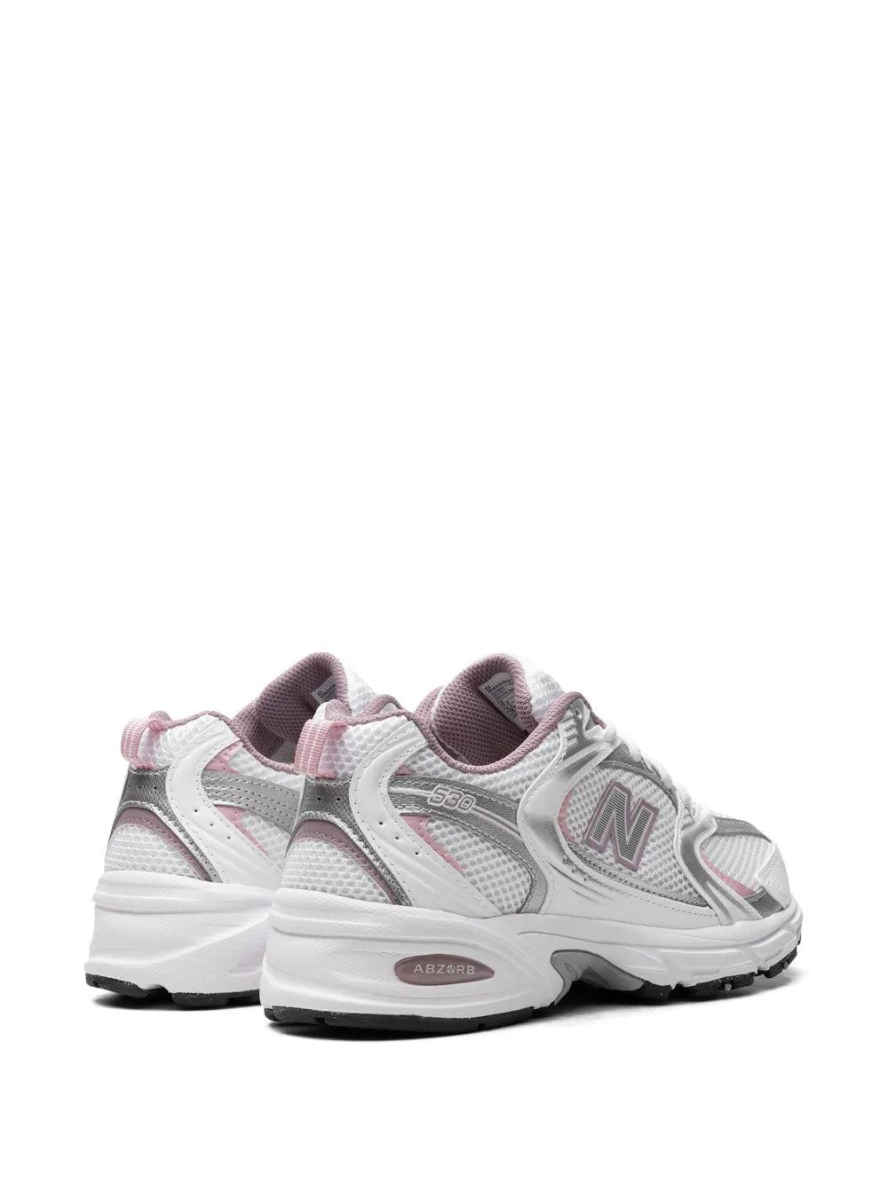 New Balance 530 sneakers, heel and tongue in white with silver panels and mauve collar