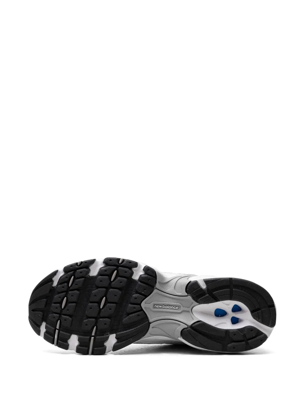 New Balance 530 outsole, black tread with blue and white rubber panels