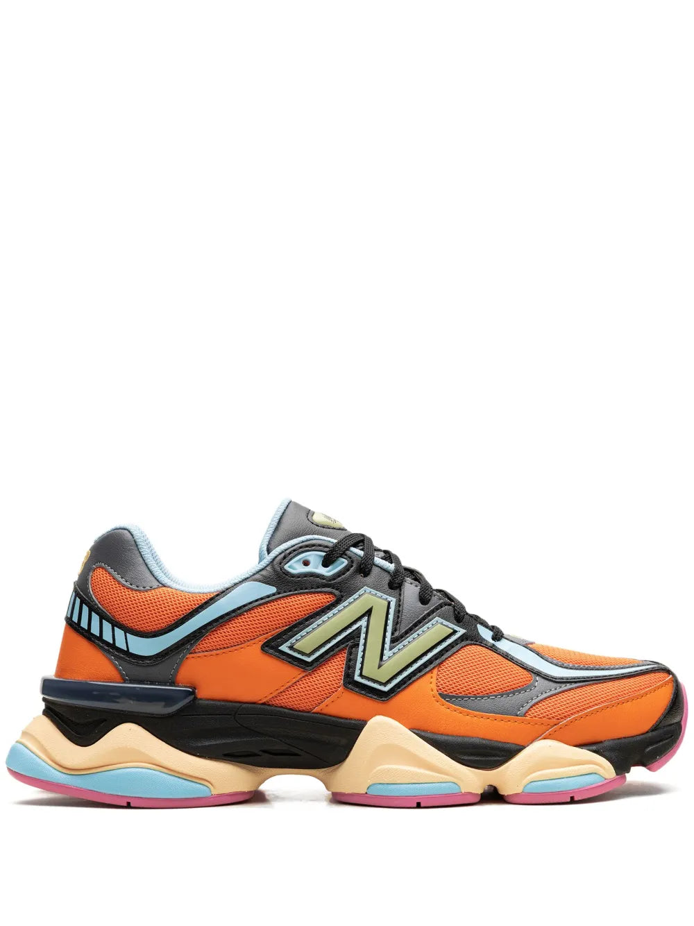 9060 sneakers in orange with black accents, blue trim, and neon green N logo