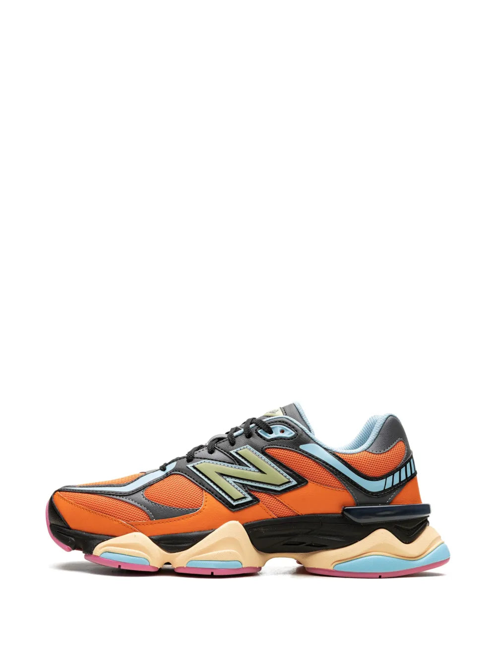 Orange and black 9060 sneakers with gray/blue overlays, neon green N logo, and pink sole