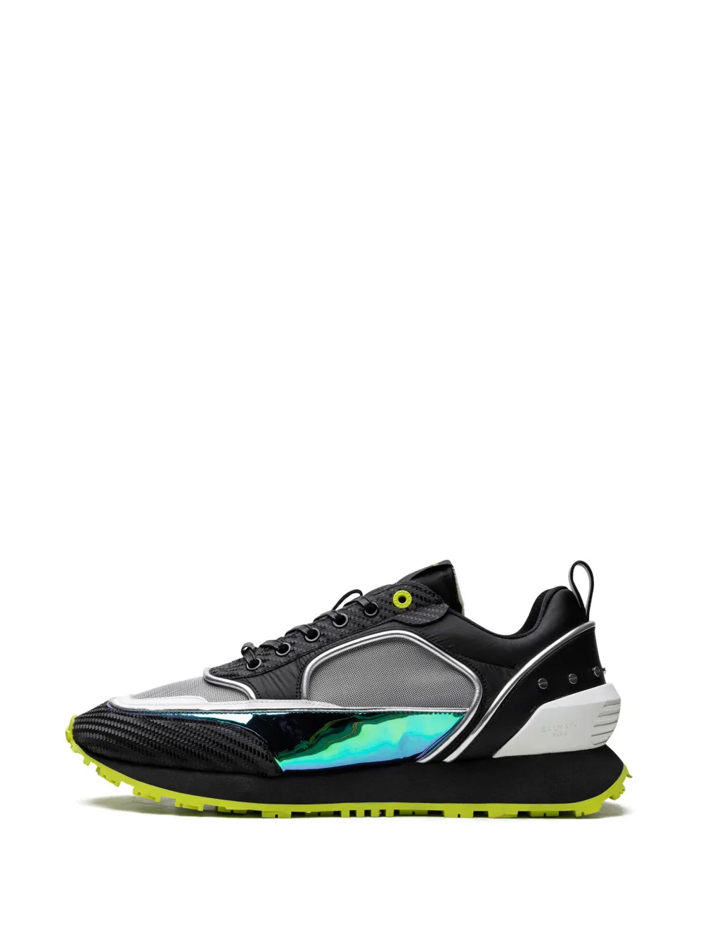 Balmain meshed sneakers, black and gray with silver overlay, blue-green stripe, volt green sole