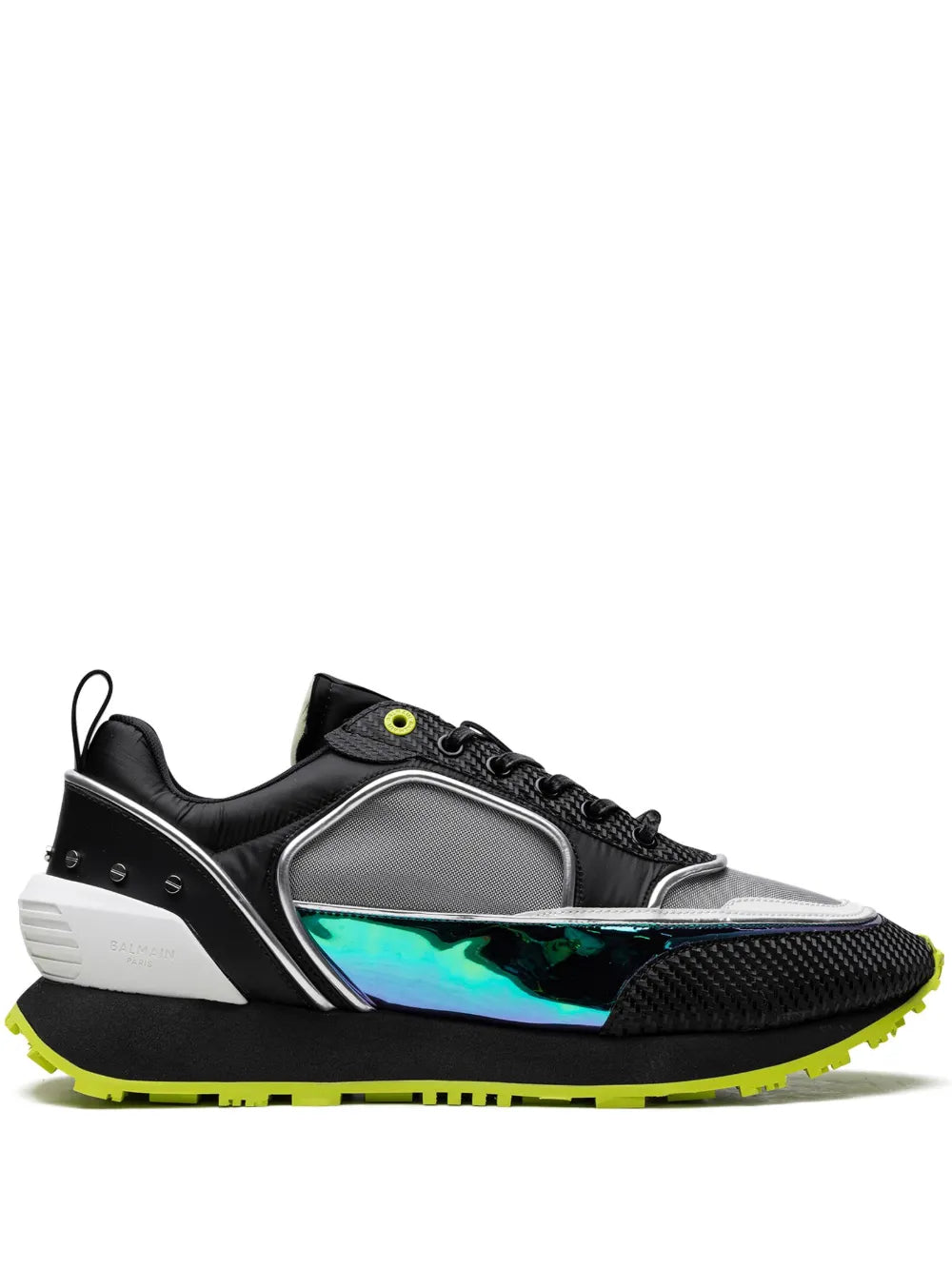 Balmain meshed sneakers in black with silver panels, blue-green stripe, and neon green sole