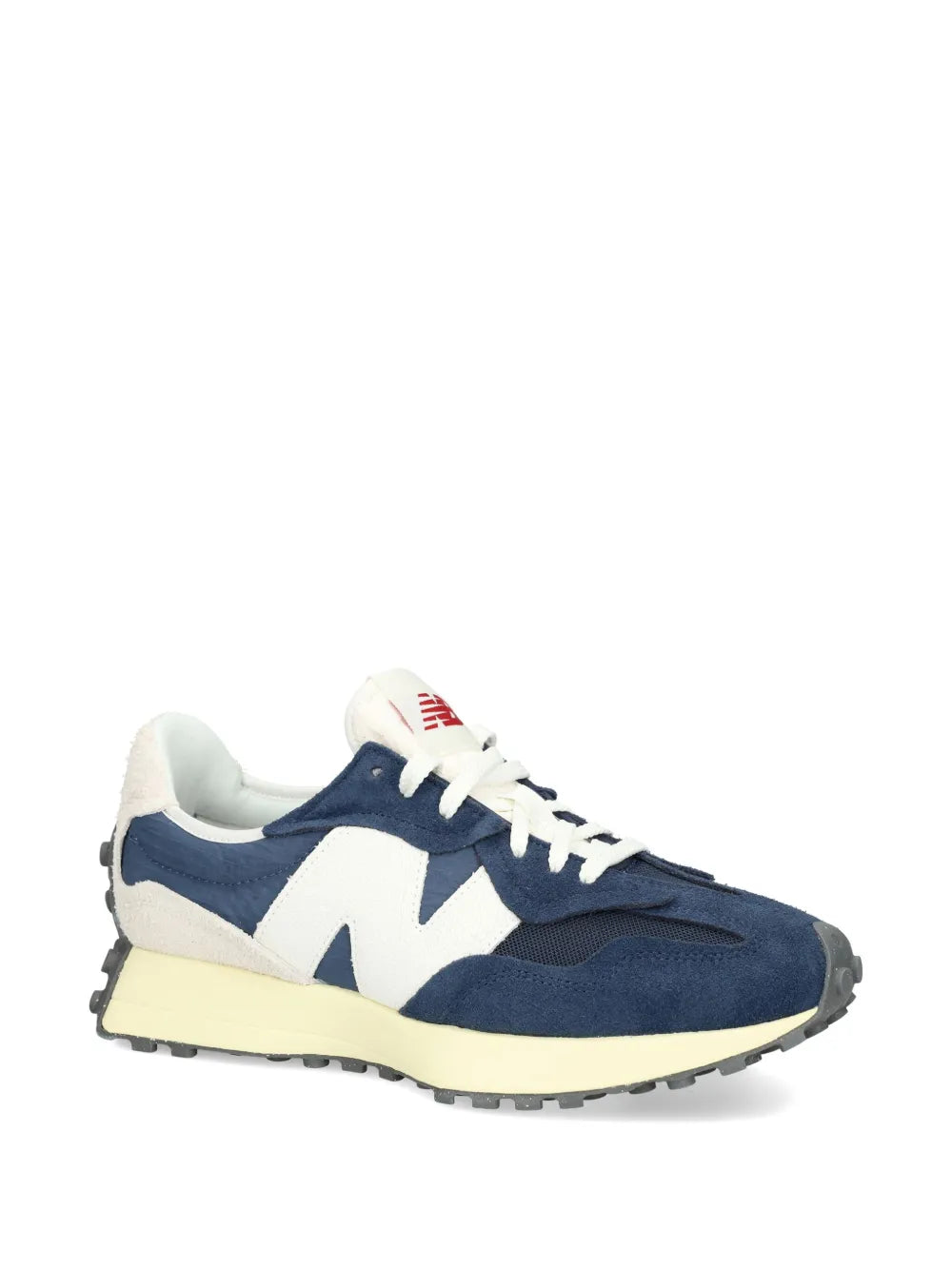 Blue and white low-top lace-up sneakers with cream midsole and side branding