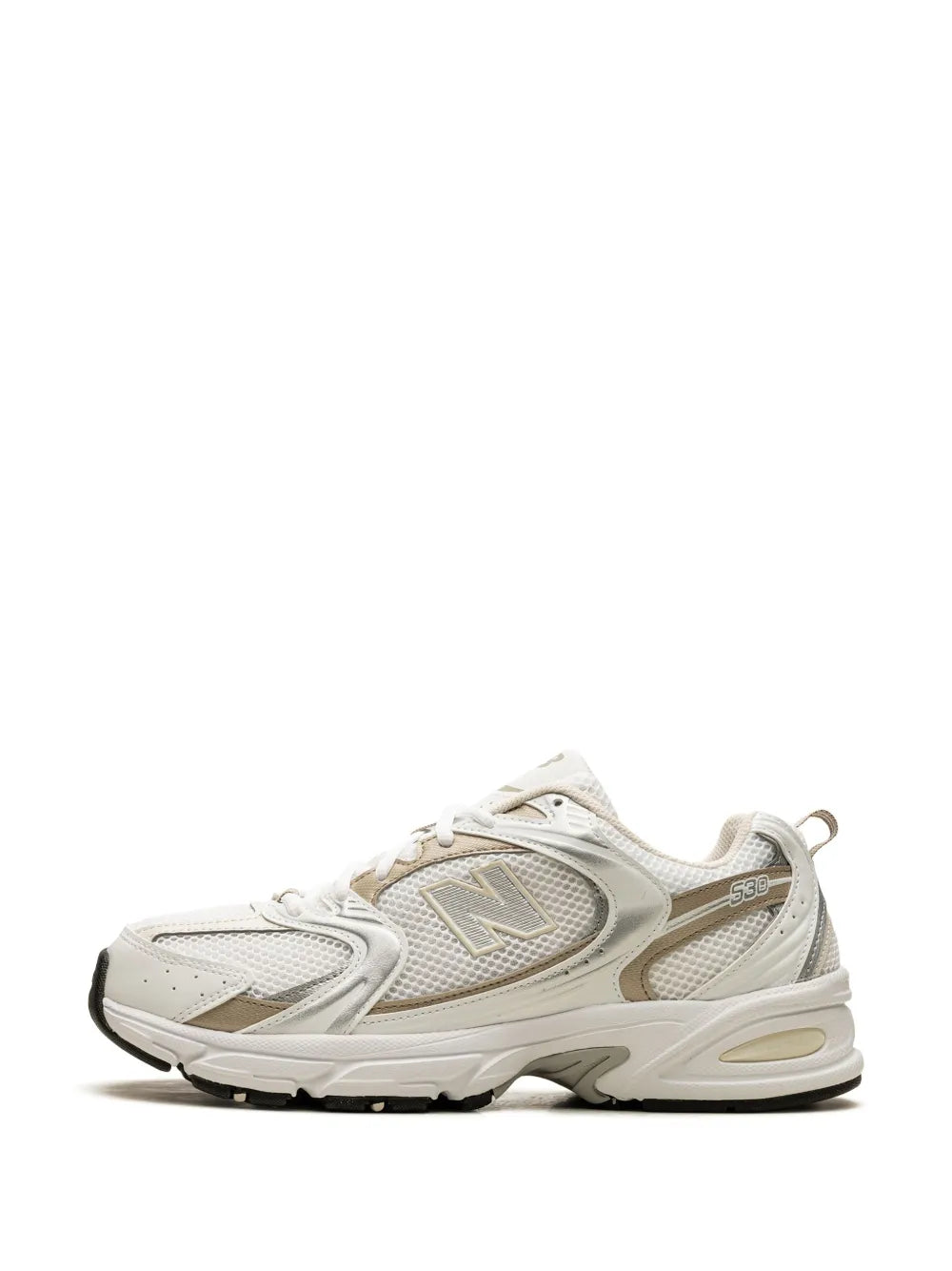 New Balance 530 lace-up running shoes, front 3/4 view, white and beige mesh upper